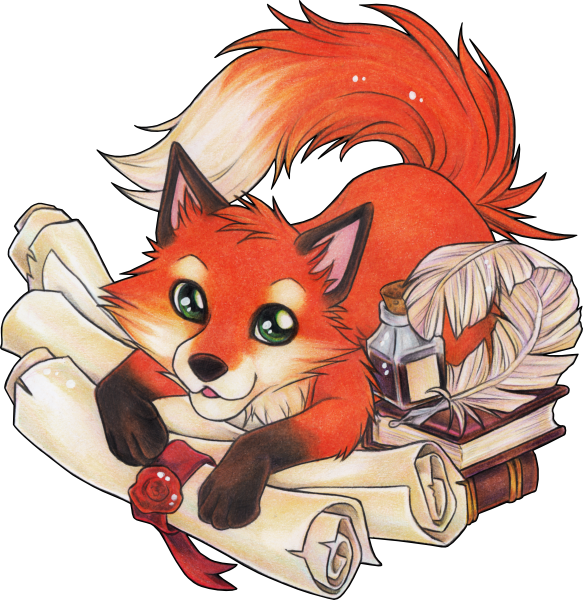 Fox with books and scrolls ink reading