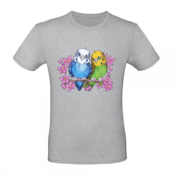 Cute budgie couple with cherry blossoms