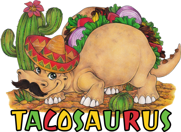 TacoSaurus dinosaur as a taco with hat and beard