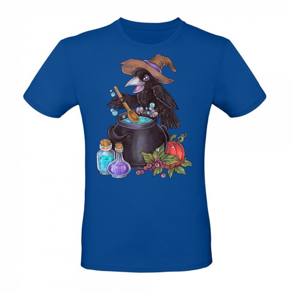 Cute magic raven witch with cauldron alchemy