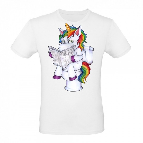 Funny pissed unicorn with newspaper on the toilet